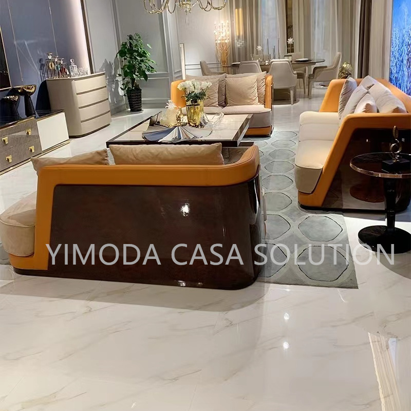 Customized Luxury Design Brown wood veneer beige Velvet Fabric sofa  Villa Living Room Sofa, Modern Luxury Living Room 1123 Sofa Set Furniture