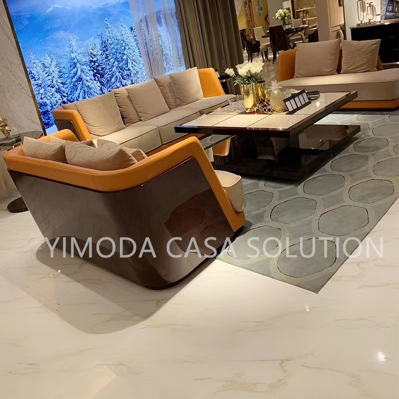 Customized Luxury Design Brown wood veneer beige Velvet Fabric sofa  Villa Living Room Sofa, Modern Luxury Living Room 1123 Sofa Set Furniture