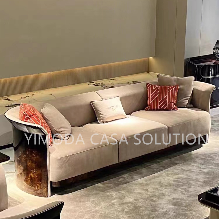 Modern Luxury Living Room Furniture Brown Veneer back beige fabric upholstery Sectional Sofa Set Modular 1123 seater Couch for Hotels Villas
