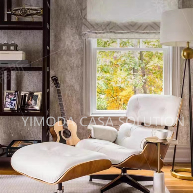 Contemporary Modern chesterfield white leather armchair with wood veneer back Living Room leisure white leather armsofa with footstool