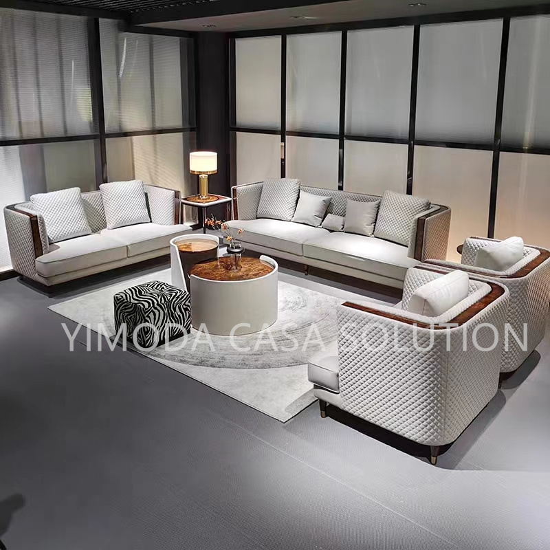 High Quality Villa Customized Modern Luxury 1123 seater white leather sofa with wood veneer decor Living Room Furniture Sofa Sets Designs