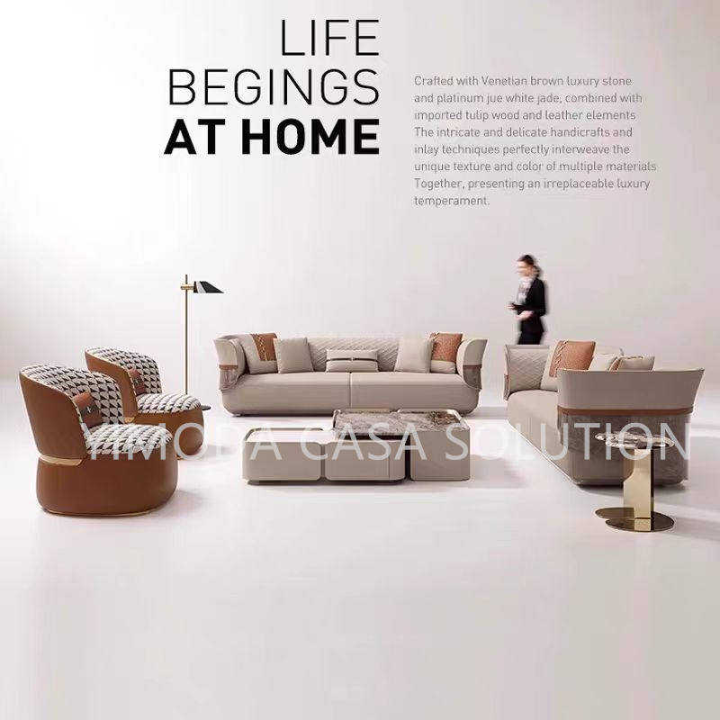 Modern Luxury Living Room Sectional Sofa Set New Trend living room sofa double color contrast beige leather 1123 sofa