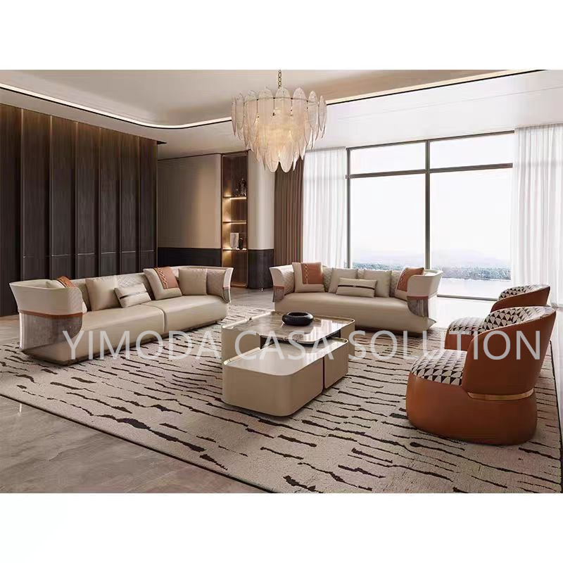 Modern Luxury Living Room Sectional Sofa Set New Trend living room sofa double color contrast beige leather 1123 sofa