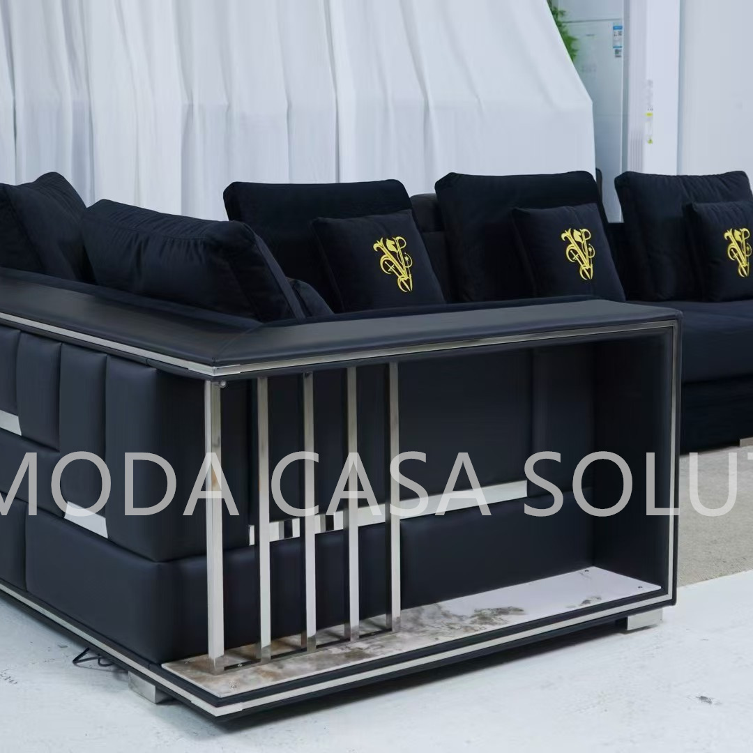 Modern Minimalist Small-sized Living Room Home Sofa, L shape silver metal black velvet villa Modern Sofa, Customizable Furniture Combination Sofa