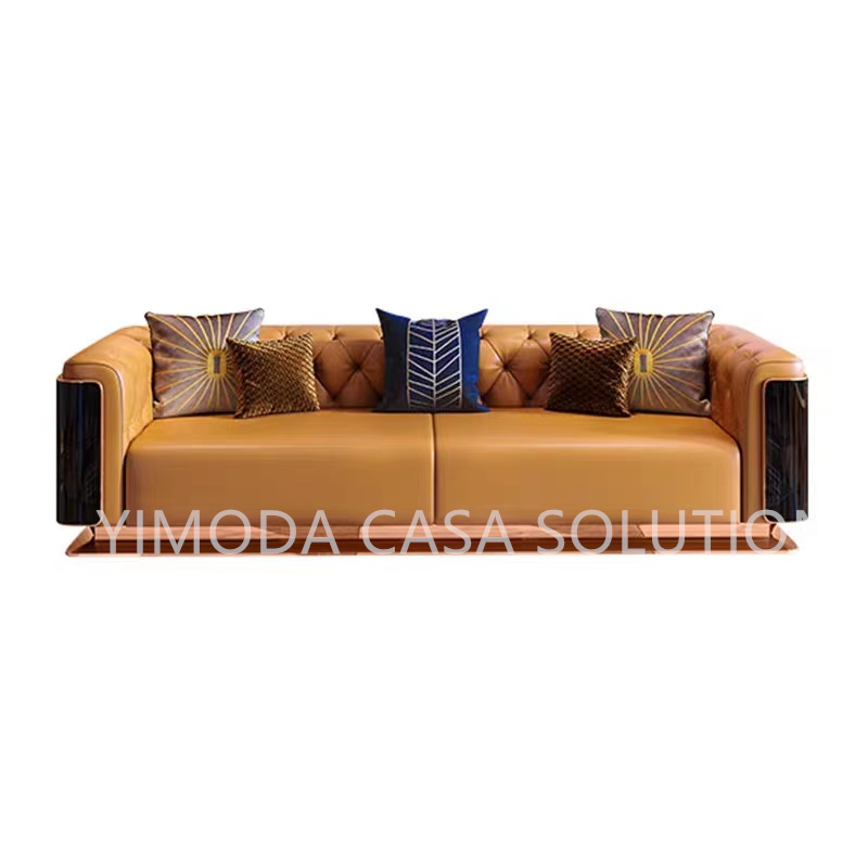 Italian Villa High End Custom Living Room Sofa Set Furniture New Design Premium Sectional Orange Leather chesterfield Luxury Sofa Set