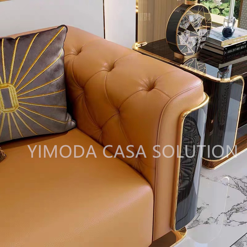 Italian Villa High End Custom Living Room Sofa Set Furniture New Design Premium Sectional Orange Leather chesterfield Luxury Sofa Set