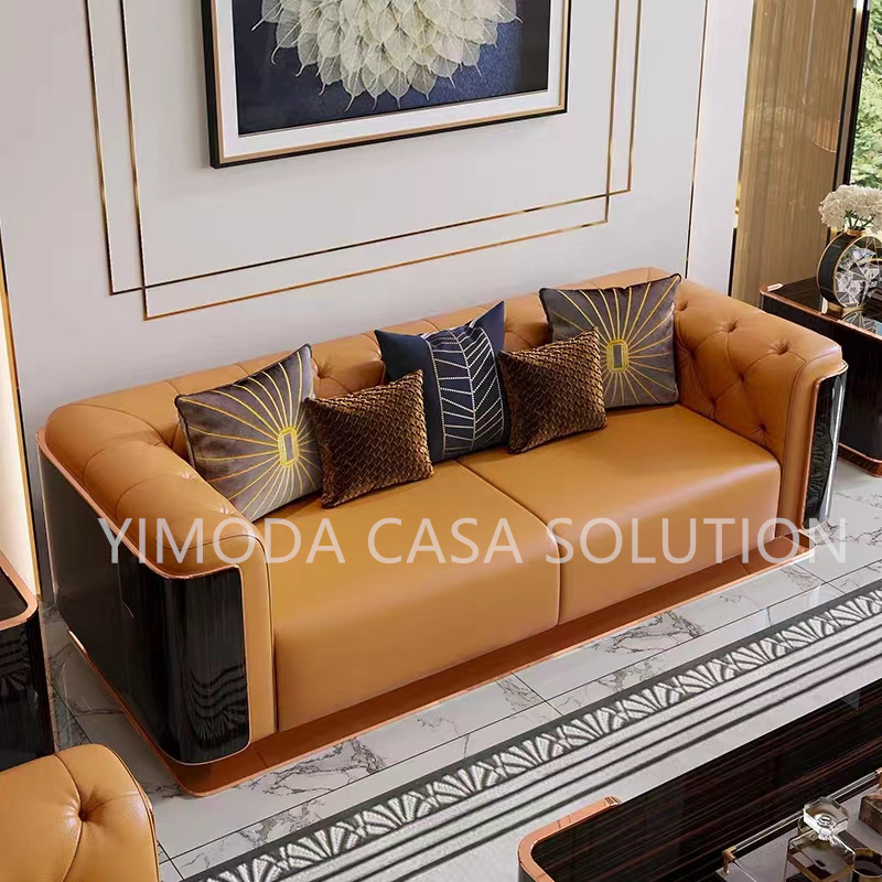 Italian Villa High End Custom Living Room Sofa Set Furniture New Design Premium Sectional Orange Leather chesterfield Luxury Sofa Set