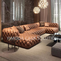 Top Quality Chesterfield Brown leather Sofa Living Room Style Brown Tufted Leather U shape corner Sofa Set Modern Villa Furniture Sofa