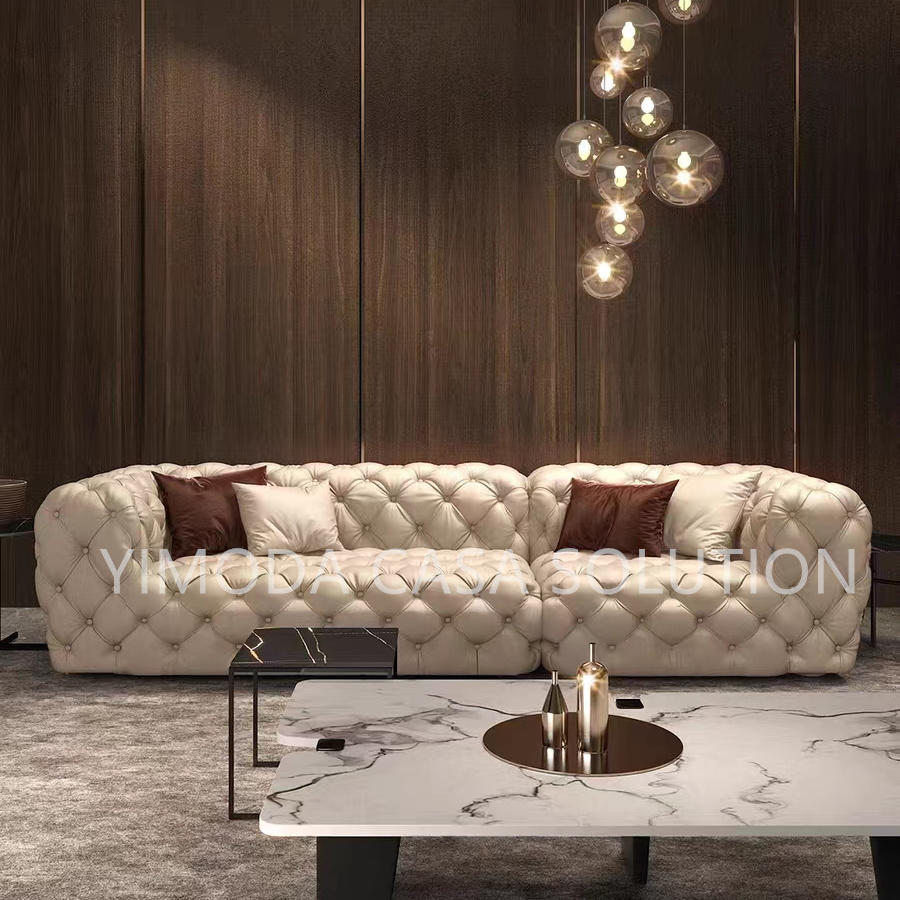 Top Quality Chesterfield Brown leather Sofa Living Room Style Brown Tufted Leather U shape corner Sofa Set Modern Villa Furniture Sofa
