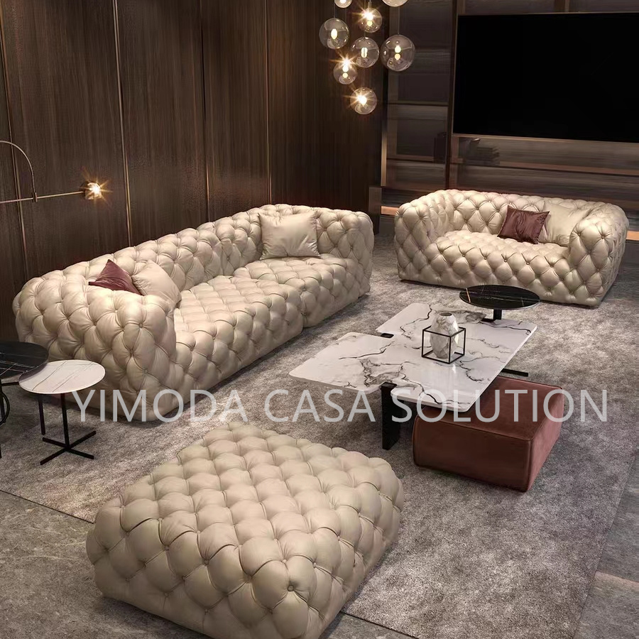 Top Quality Chesterfield Brown leather Sofa Living Room Style Brown Tufted Leather U shape corner Sofa Set Modern Villa Furniture Sofa