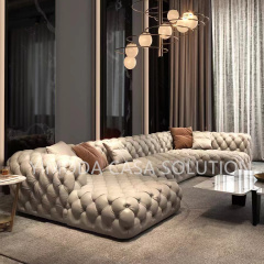 Top Quality Chesterfield Brown leather Sofa Living Room Style Brown Tufted Leather U shape corner Sofa Set Modern Villa Furniture Sofa