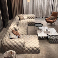 Top Quality Chesterfield Brown leather Sofa Living Room Style Brown Tufted Leather U shape corner Sofa Set Modern Villa Furniture Sofa