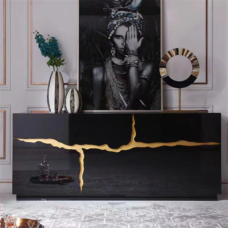 Italian Luxury Designer Black Golden Wooden Cabinet Handmade Art buffet cabinet  For Living Room And Dining Room