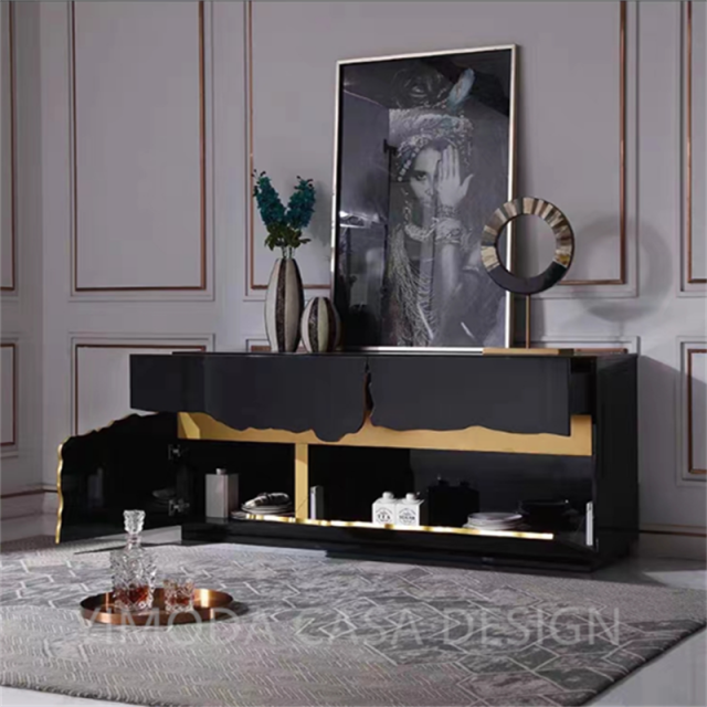 Italian Luxury Designer Black Golden Wooden Cabinet Handmade Art buffet cabinet  For Living Room And Dining Room