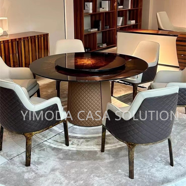 Home Round Brown Dining Table and Chairs Luxury Hotel Villa round brown glossy Dining Furniture Modern Dining Table and Chair