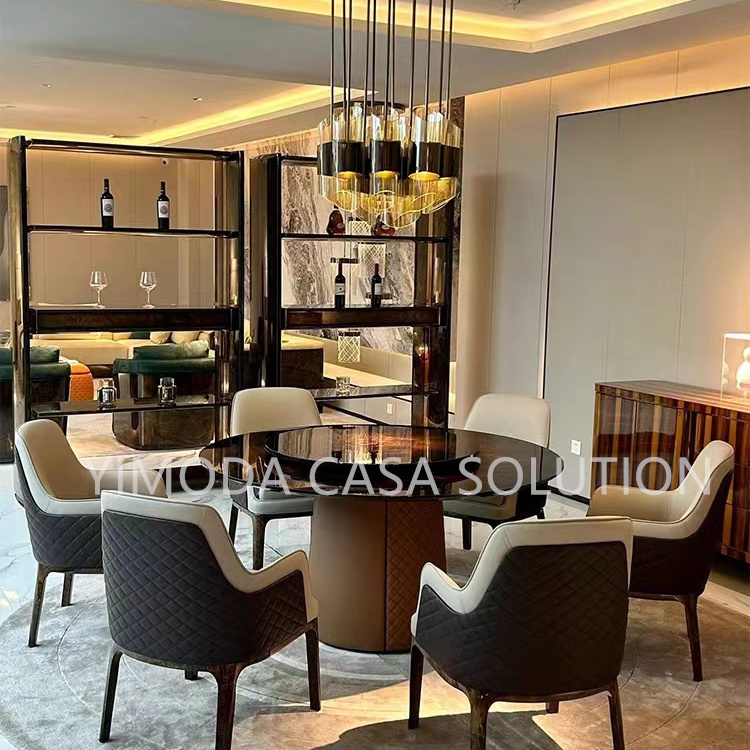Home Round Brown Dining Table and Chairs Luxury Hotel Villa round brown glossy Dining Furniture Modern Dining Table and Chair