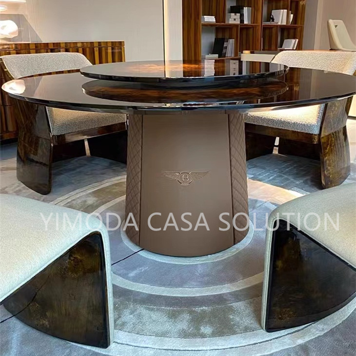 Home Round Brown Dining Table and Chairs Luxury Hotel Villa round brown glossy Dining Furniture Modern Dining Table and Chair