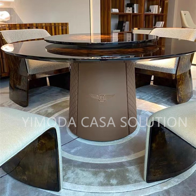 Home Round Brown Dining Table and Chairs Luxury Hotel Villa round brown glossy Dining Furniture Modern Dining Table and Chair