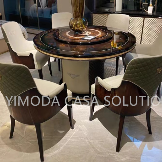 Home Round Brown Dining Table and Chairs Luxury Hotel Villa round brown glossy Dining Furniture Modern Dining Table and Chair