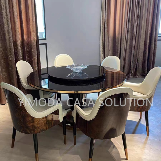 Luxury New Design High Quality Home Furniture Round Brown glossy Top Dining Table Set