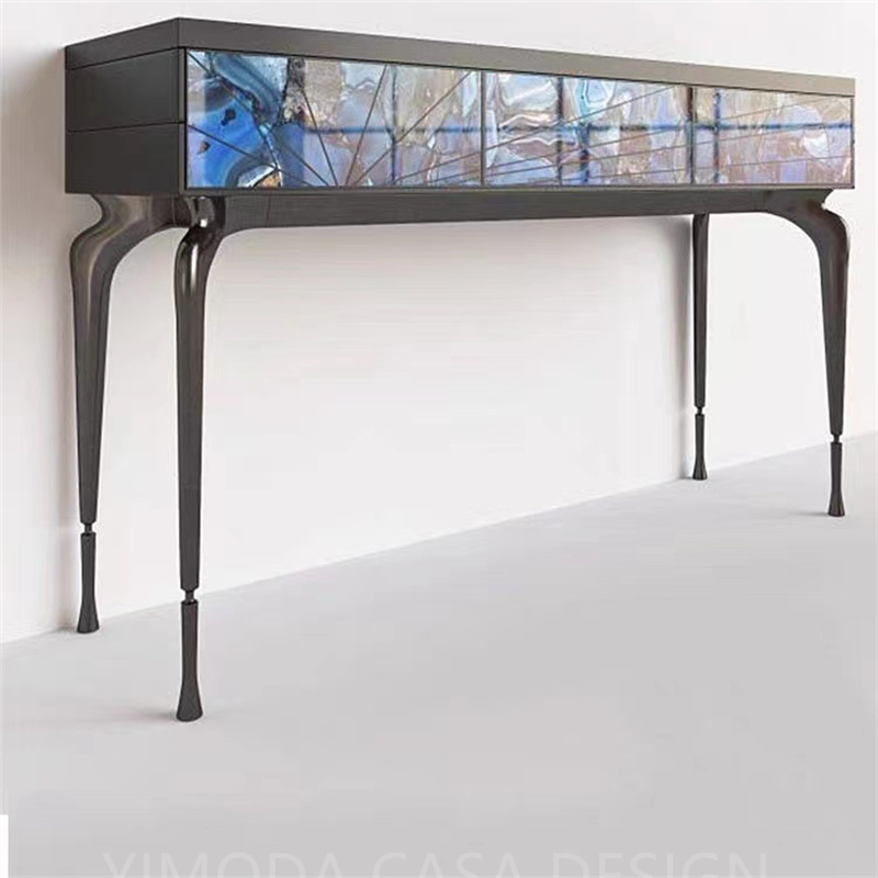 Modern Luxury Black Metal Stainless Steel Blue seashell decor Sideboard Buffet Storage Cabinet for Dining Living Room Furniture