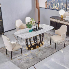 Modern Luxury Gold Stainless Steel And White Natural Marble Long Dining Table For Villa House Apartment
