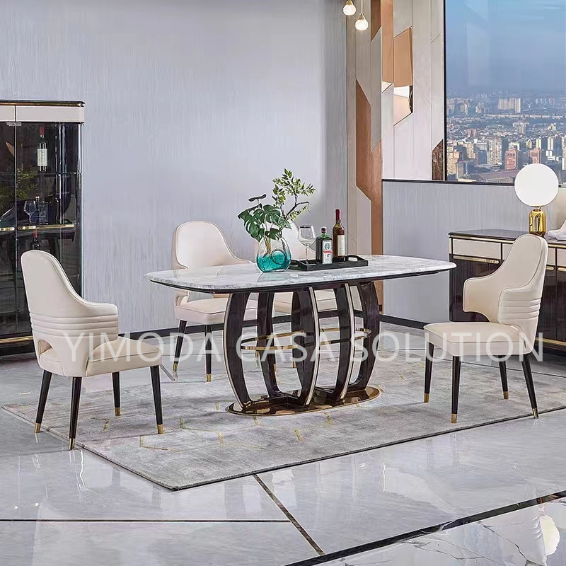 Modern Luxury Gold Stainless Steel And White Natural Marble Long Dining Table For Villa House Apartment