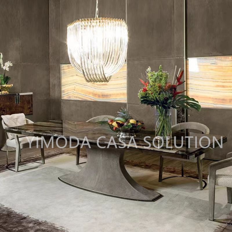 Home Furniture Unique Design Banquet Brown marble top dining Table Stainless Steel Gold 6 Seater Luxury Dining Table
