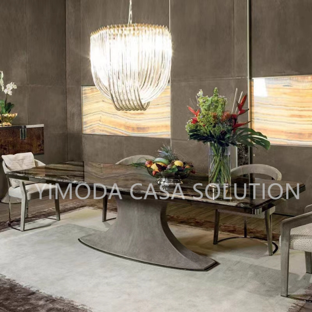 Home Furniture Unique Design Banquet Brown marble top dining Table Stainless Steel Gold 6 Seater Luxury Dining Table