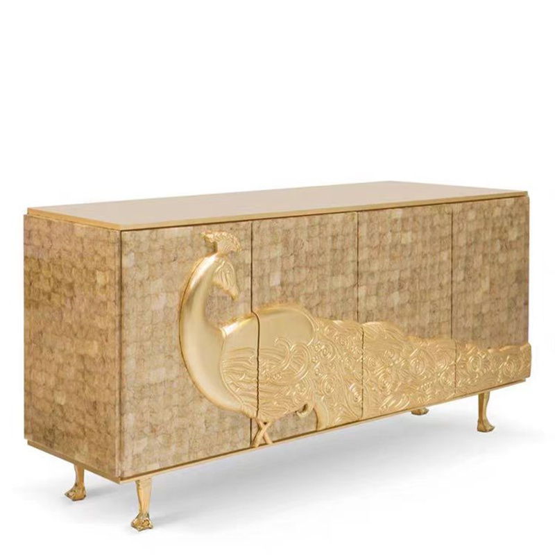 French art peacock seahsell Sideboard Storage Cabinet Black Modern art peacock shell parquet decor buffet Cabinet for Dining Room Kitchen and Entryway