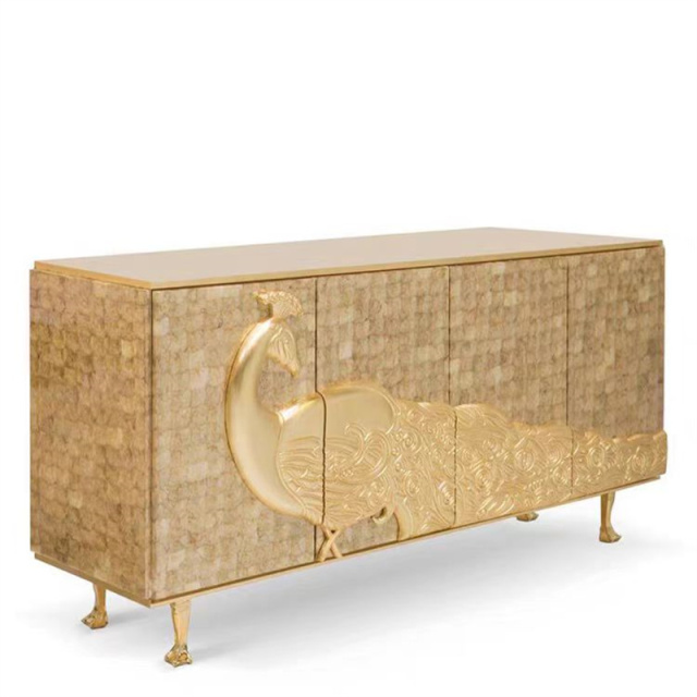 French art peacock seahsell Sideboard Storage Cabinet Black Modern art peacock shell parquet decor buffet Cabinet for Dining Room Kitchen and Entryway