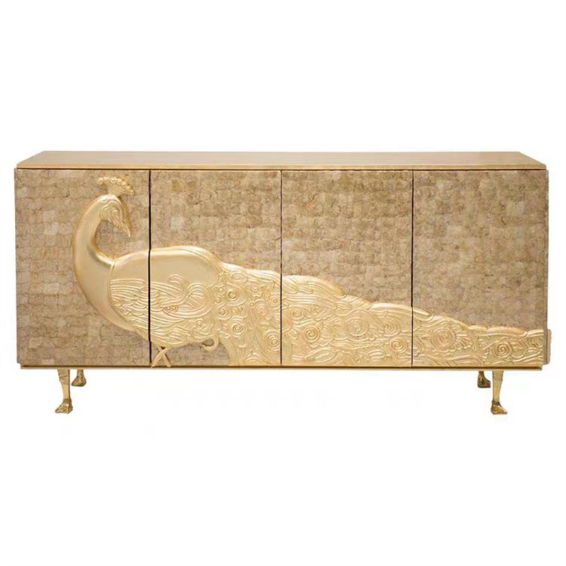 French art peacock seahsell Sideboard Storage Cabinet Black Modern art peacock shell parquet decor buffet Cabinet for Dining Room Kitchen and Entryway