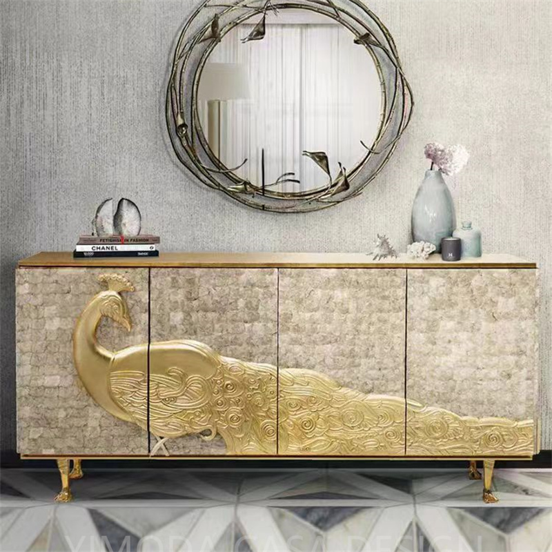French art peacock seahsell Sideboard Storage Cabinet Black Modern art peacock shell parquet decor buffet Cabinet for Dining Room Kitchen and Entryway
