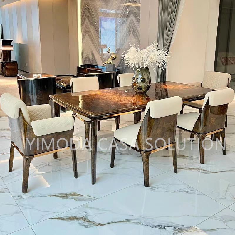 High quality brown natural wood veneer dining table Base Good Quality brown glossy Dining Room Set 6 Chairs Glass Top Dining Set 8 Seater
