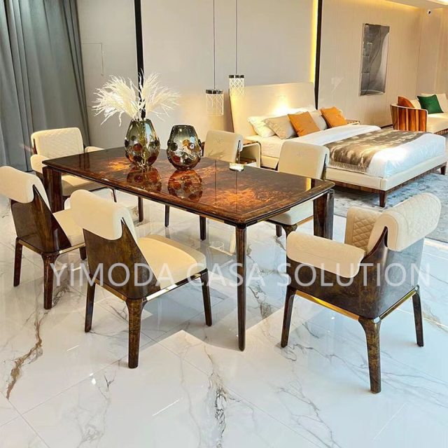 High quality brown natural wood veneer dining table Base Good Quality brown glossy Dining Room Set 6 Chairs Glass Top Dining Set 8 Seater