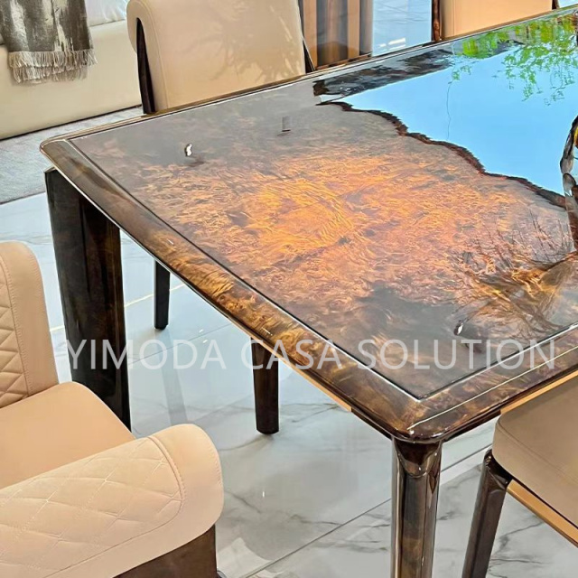 High quality brown natural wood veneer dining table Base Good Quality brown glossy Dining Room Set 6 Chairs Glass Top Dining Set 8 Seater
