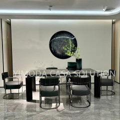 Custom Luxury Home Furniture Modern Luxury Dining Room Furniture 6 Seater Black Metal Base Black Marble Dining Table Set