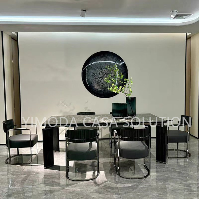 Custom Luxury Home Furniture Modern Luxury Dining Room Furniture 6 Seater Black Metal Base Black Marble Dining Table Set