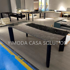 Custom Luxury Home Furniture Modern Luxury Dining Room Furniture 6 Seater Black Metal Base Black Marble Dining Table Set