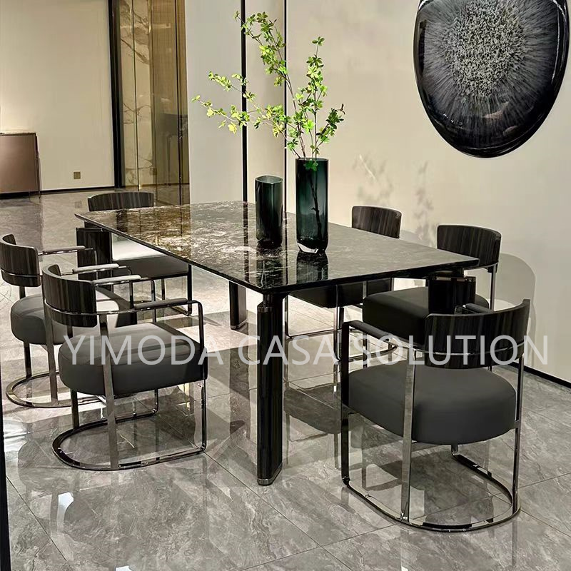 Custom Luxury Home Furniture Modern Luxury Dining Room Furniture 6 Seater Black Metal Base Black Marble Dining Table Set