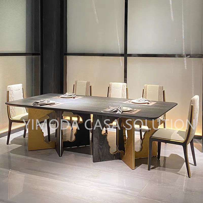 Custom Luxury Home Furniture Unique Design Banquet Table Modern Italian Stainless Steel Gold Leaf Large Luxury Dining Table