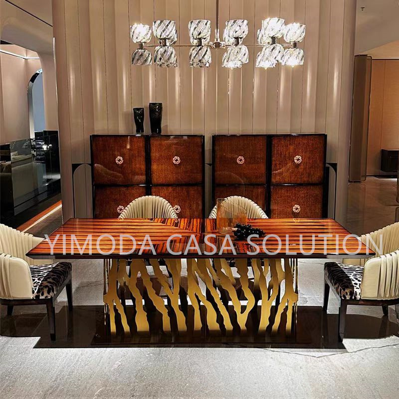 Customized Modern Luxury Dining Set High Quality Golden Art leg DIning Table with Brown wooden top for Home or Hotel Furniture