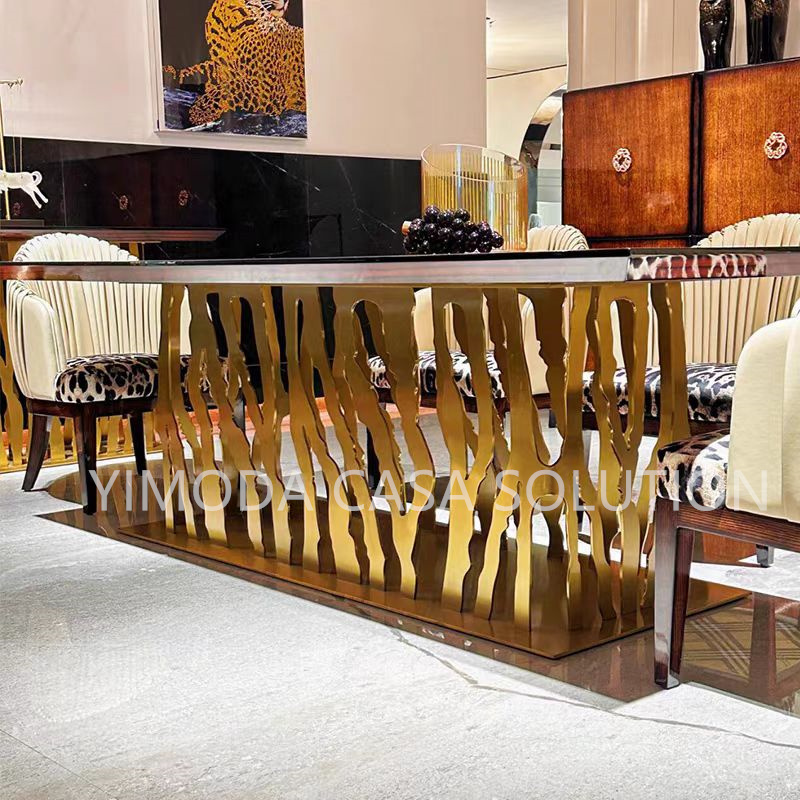 Customized Modern Luxury Dining Set High Quality Golden Art leg DIning Table with Brown wooden top for Home or Hotel Furniture
