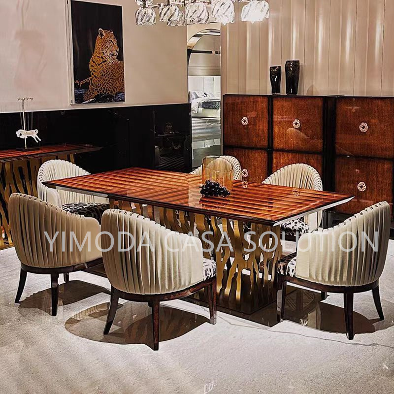 Customized Modern Luxury Dining Set High Quality Golden Art leg DIning Table with Brown wooden top for Home or Hotel Furniture