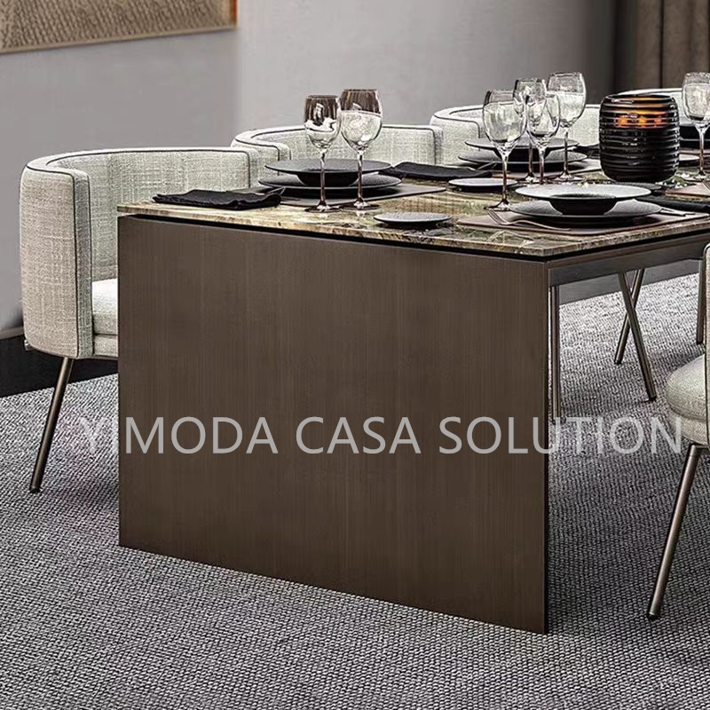 Luxury Dining Room Furniture Sets Modern Italian Stainless Steel Gold Dining Table with 8 Chairs Leaf Shape Table for Villa