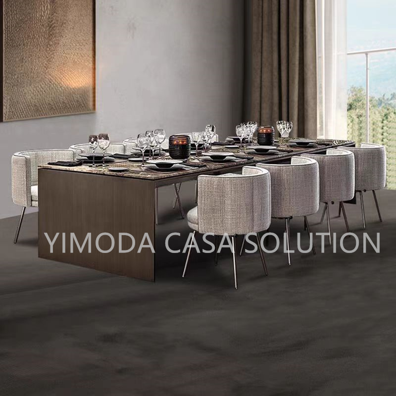 Luxury Dining Room Furniture Sets Modern Italian Stainless Steel Gold Dining Table with 8 Chairs Leaf Shape Table for Villa