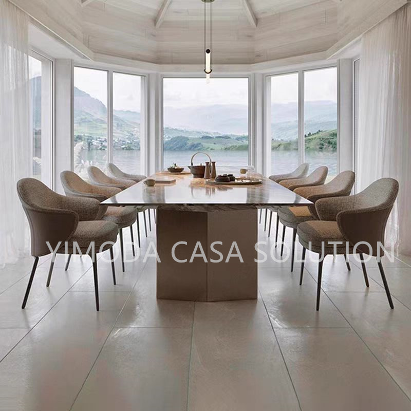 Latest Design Home Furniture Modern Luxury Grey Marble Top Stainless Steel Champagne Gold Base Dining Table Set