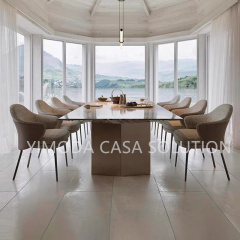 Latest Design Home Furniture Modern Luxury Grey Marble Top Stainless Steel Champagne Gold Base Dining Table Set