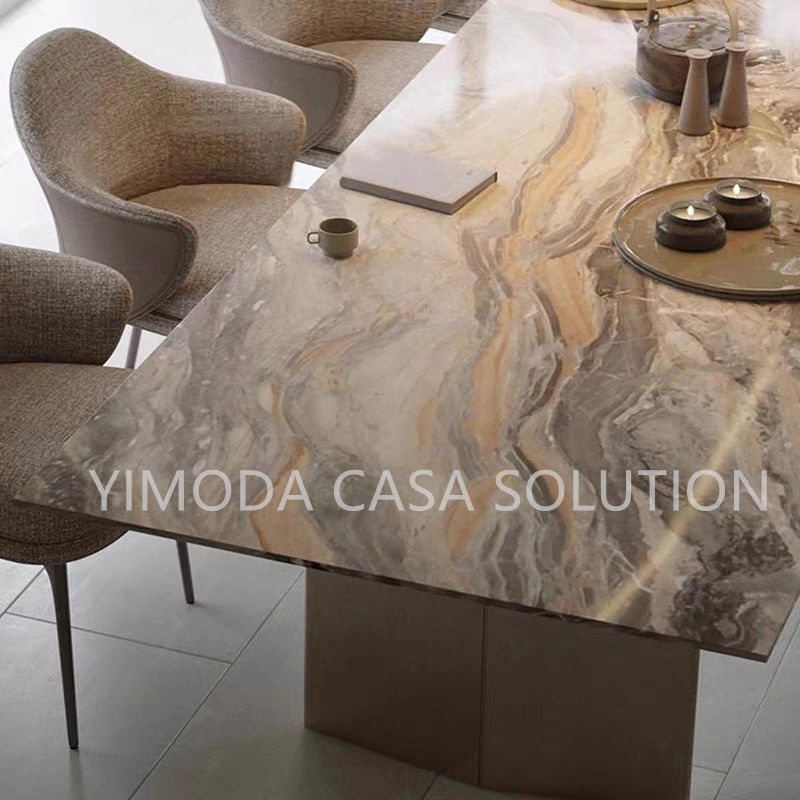 Latest Design Home Furniture Modern Luxury Grey Marble Top Stainless Steel Champagne Gold Base Dining Table Set