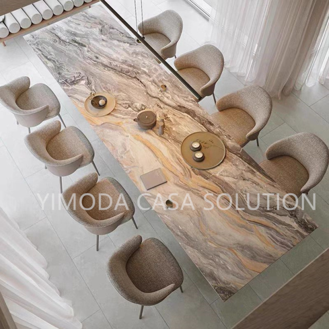 Latest Design Home Furniture Modern Luxury Grey Marble Top Stainless Steel Champagne Gold Base Dining Table Set